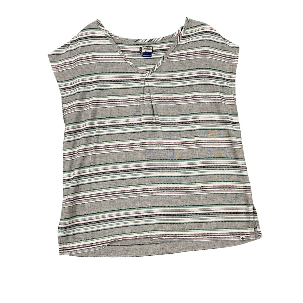 KAVU Blouse Womens Medium Gray Striped V Neck Cap Sleeve Rayon Lightweight Top‎